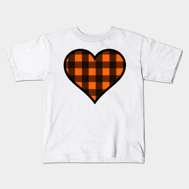 Orange and Black Buffalo Plaid Heart Kids T-Shirt by bumblefuzzies